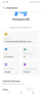 Vivo Y29 5g colour glacier blue 6+6gb ram 128gb phne memory 5500so mh