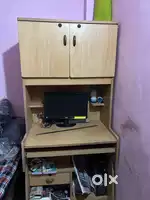 Wooden Computer Table with Storage and Monitor – Great Condition