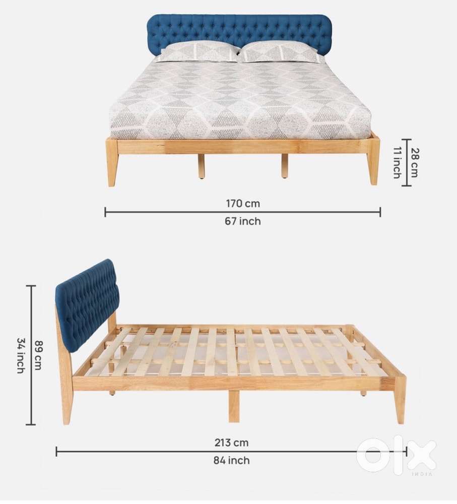Queen size cot(no mattress)with natural wood and Teal colour