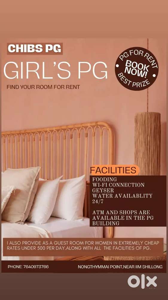 PG for Girls at Nongthymmai point near Old IIM, NLU SBI ATM Building
