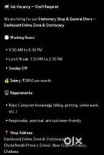 Immediate Shop Assistant Required for Stationary shop & General Store