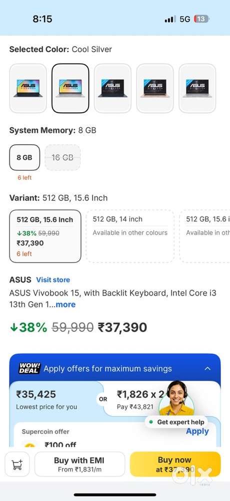 Asus i3 13gen laptop 8gb 512gb ssd