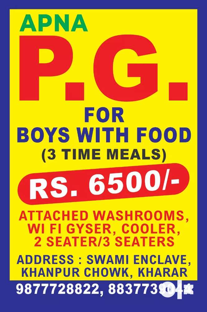 PG for boys in kharar with food,two seaters Rooms, wifi all facilities
