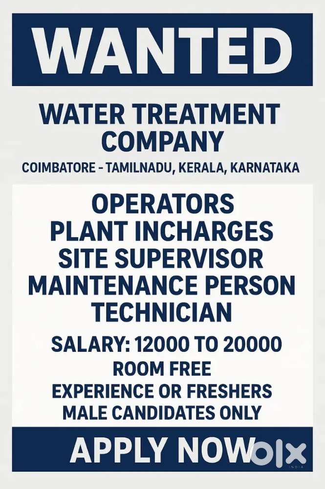 WANTED

WATER TREATMENT COMPANY

COIMBATORE - TAMILNADU, KERALA, KARNA
