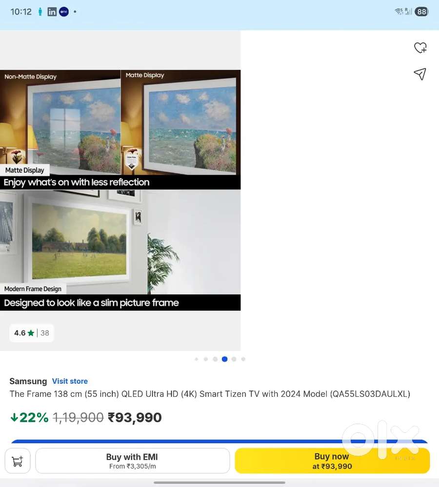 Samsung Frame TV 55 inch QLED 4K 2 years warranty sealed flipkart bill