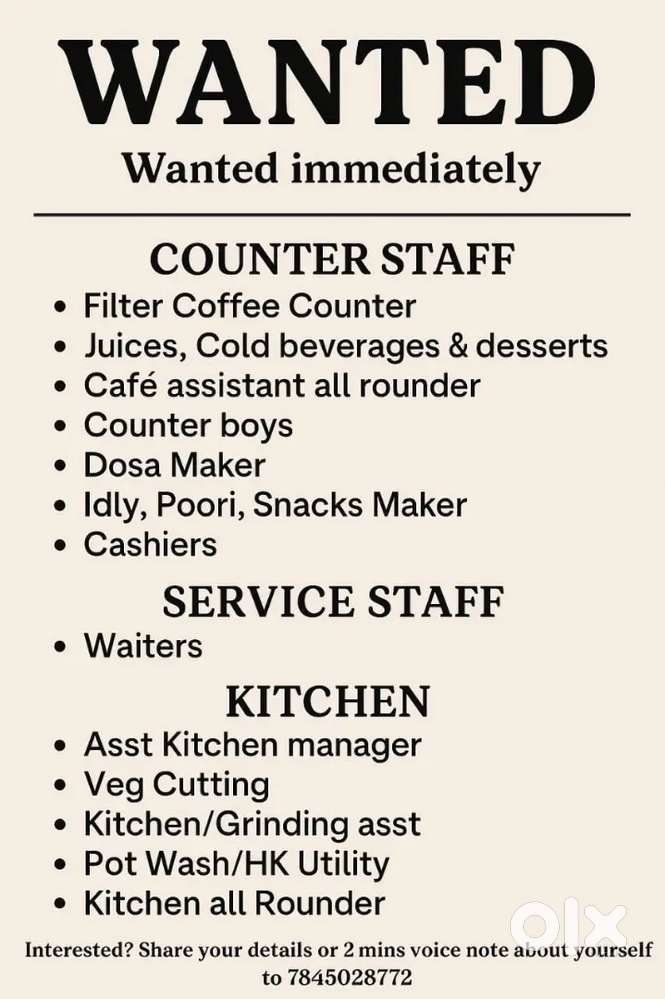 Wanted south indian Restaurant staffs