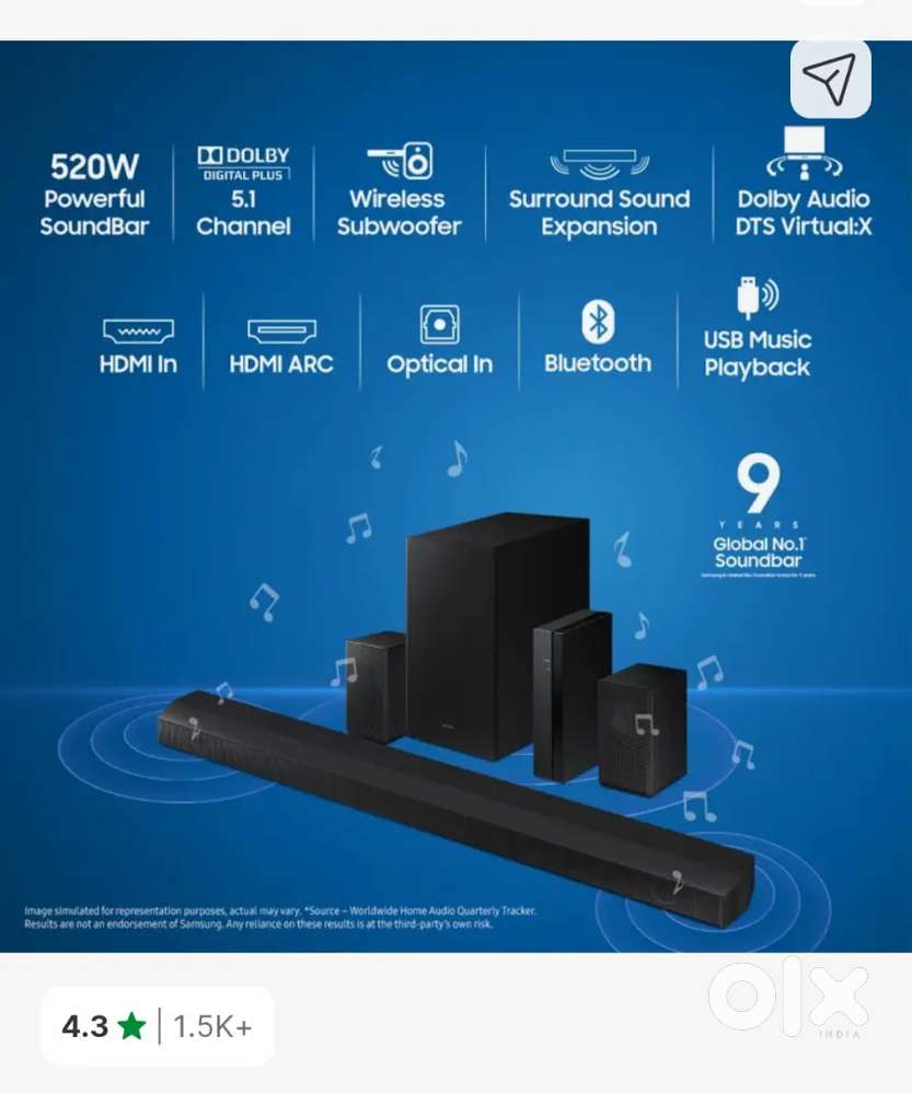 Samsung (520watts) 5.1 dolby DTS x support soundbar for sale.