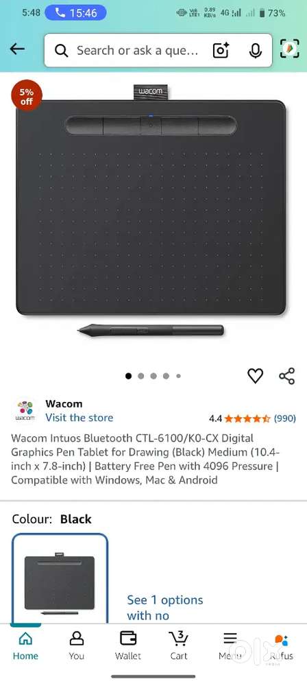 Wacom Intuos Bluetooth CTL-6100/K0-CX Digital Graphics Pen Tablet