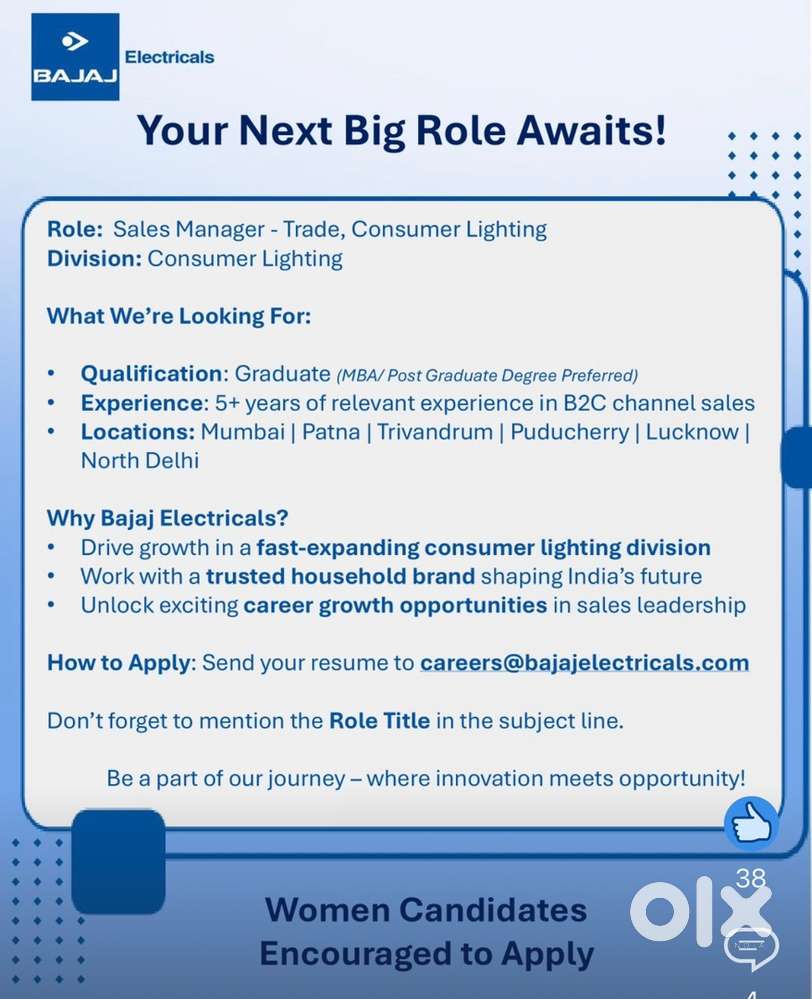 Trade Sales Manager- B2C Lighting, Bajaj Electricals Ltd.,