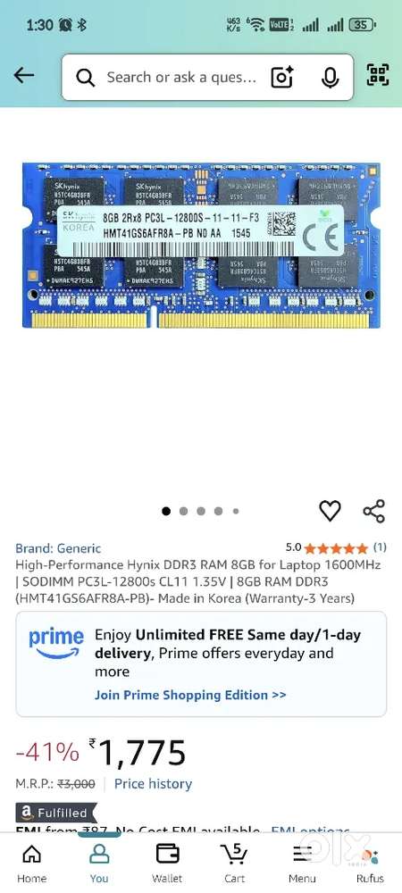 8gb laptop ram hynix Ddr3 1600 mhz
