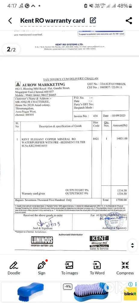 Kent RO water purifier Sept 2023 purchased