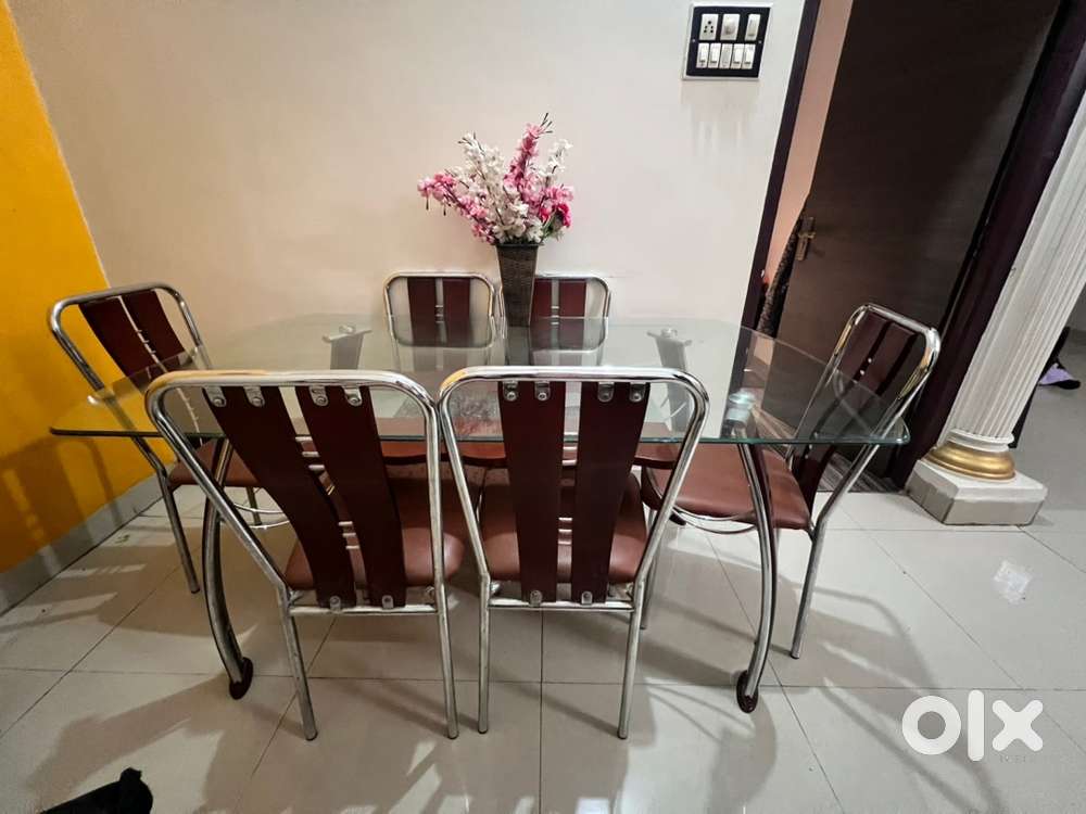 6-Seater Glass Dining Table Set – Sturdy Steel Frame(
