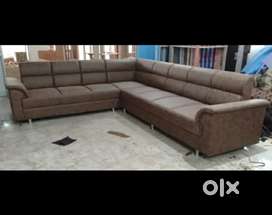 8 Seater Round Backrest Pattern Light Brown Leather Finish L type Sofa