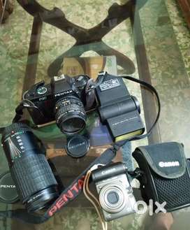 P30 PENTAX vintage camera with tele lens & flash + Canon Power Shot