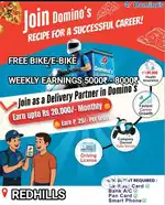 DOMINOS REDHILLS PIZZA DELIVERY FREE BIKE+PETROL FOR PARTTIME FULLTIME