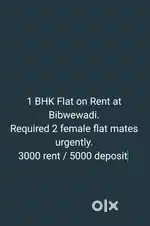 1 bhk flat at Bibwewadi. with 24 hours water supply. Security.