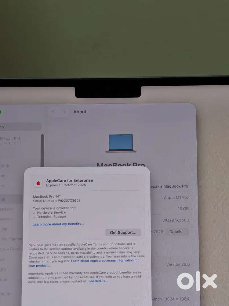 Macbook pro M 1 14 inch 16GB 1tb- under warranty oct 2026