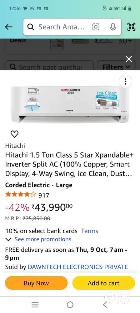 Hitachi 5 star 1.5 tone new pack ac