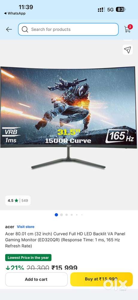 Acer 32-inch curved gaming monitor•1 day old•like new.