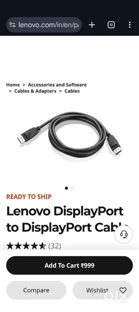 Lenovo brand new original display port to display port cable accessory