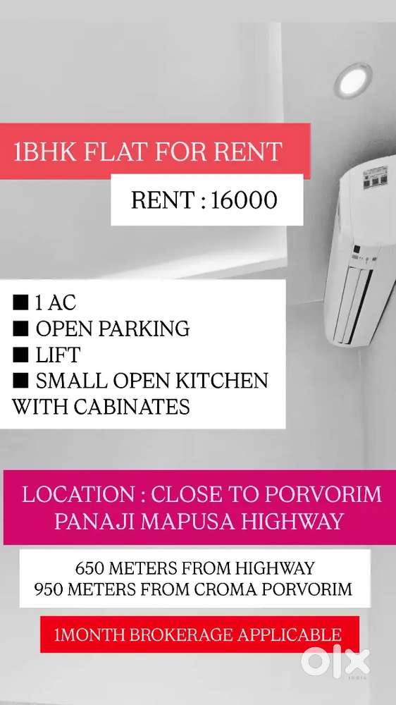 NEW 1BHK WITH AC OPEN KITCHEN WITH CABINATES FOR RENT AT PORVORIM GOA