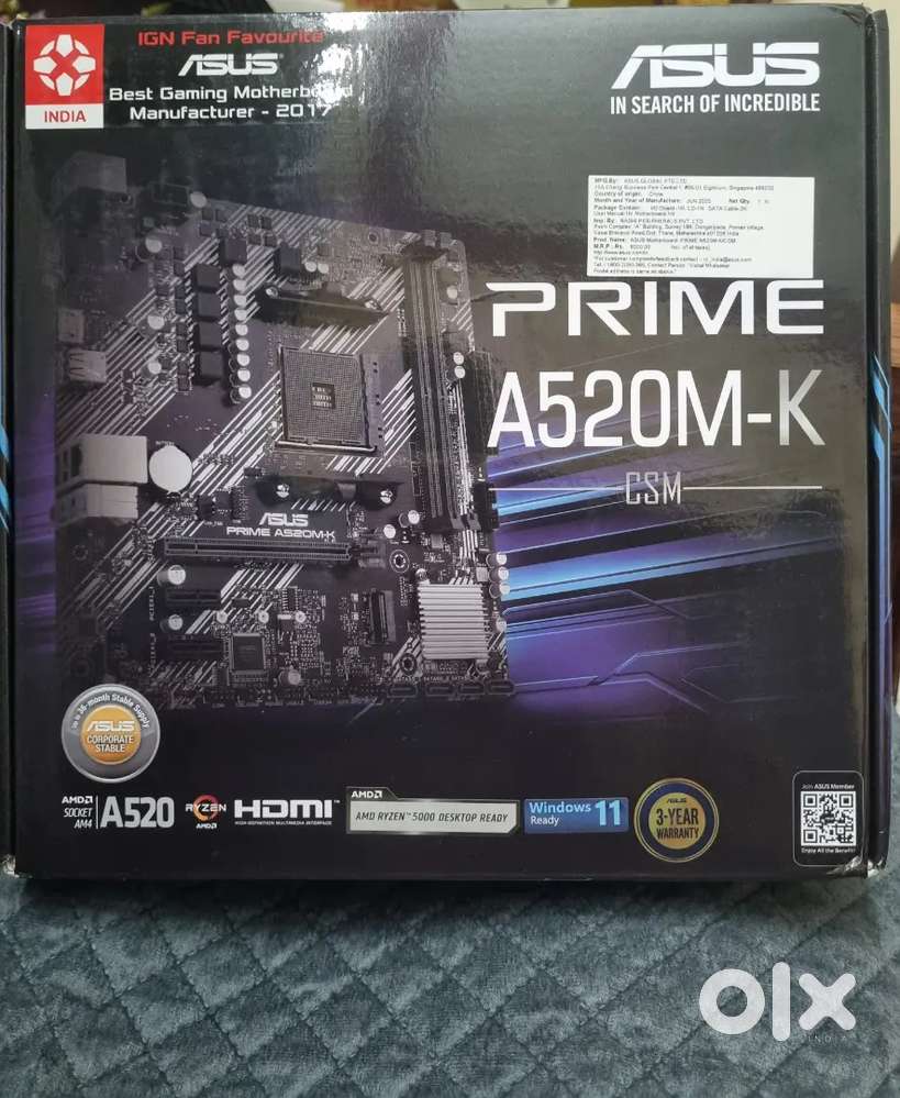 Asus new motherboard A520mk 3y warranty