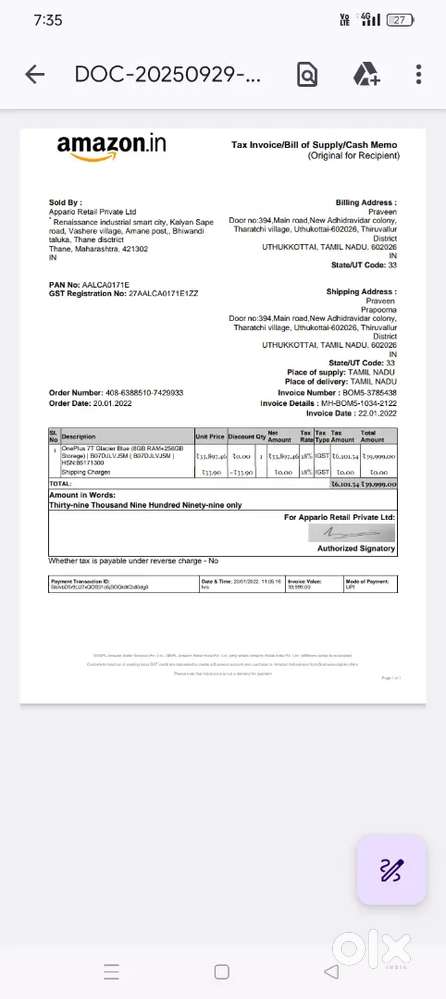 OnePlus 7T ,8,256 , Box Bill available, perfect Condition,No issues