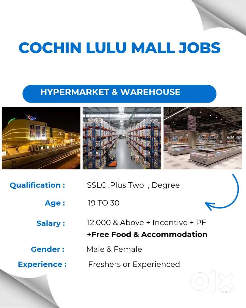 SSLC ABOVE FRESHER KOCHI LULU MALL HYPERMARKET JOB FOOD ACCOMMODATION