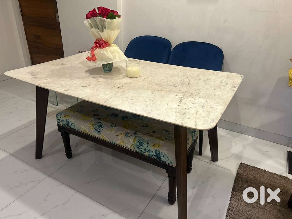 Marble top dinning table with 2 chairs and one bench
