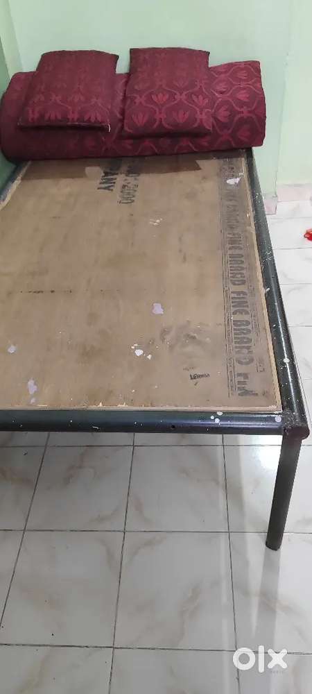 M.S. Pipe heavy duty Bed with plywood top, Gaddi & 2 pillow