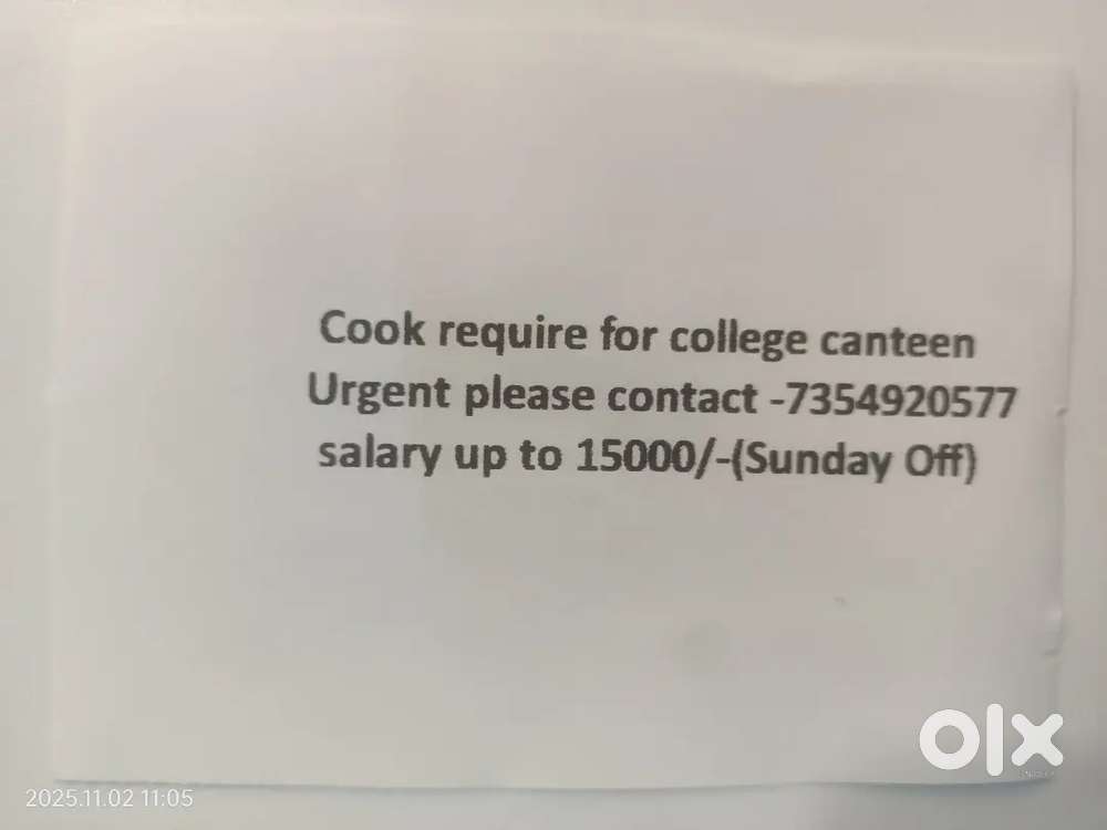 Cook required for Canteen
