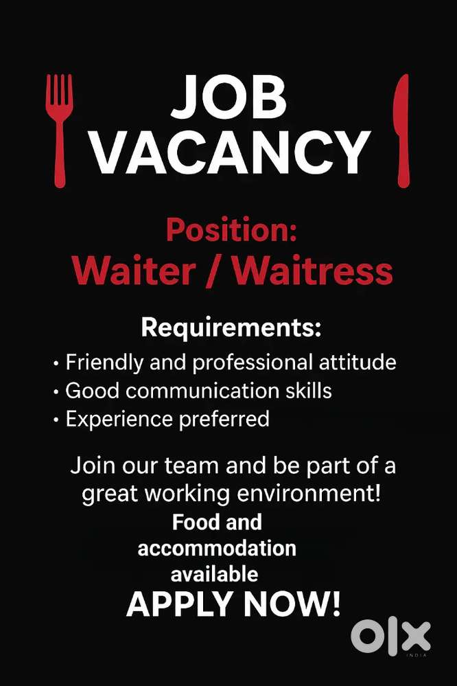 Urgent hiring for waiter/waitress