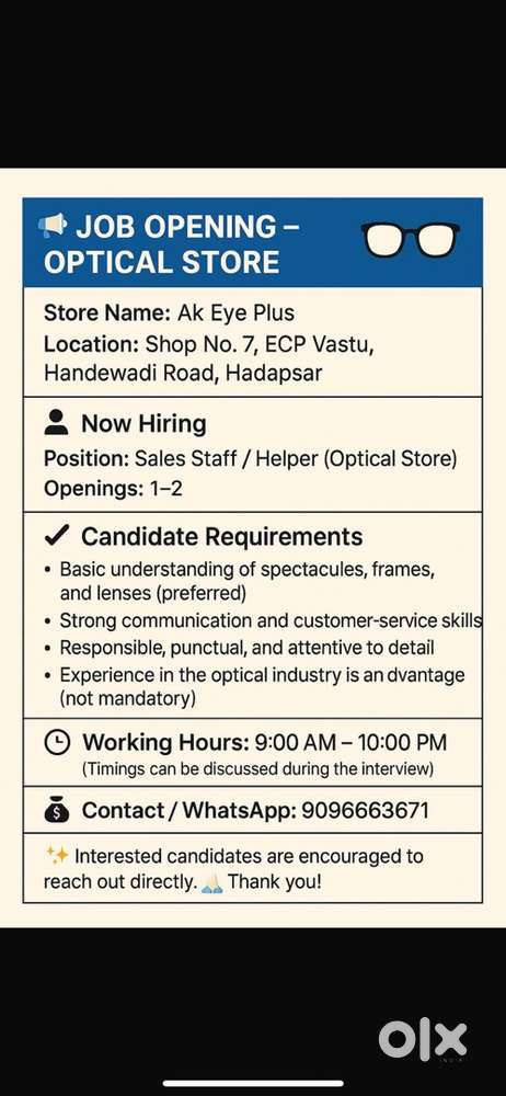 Need a sale person at optical shop