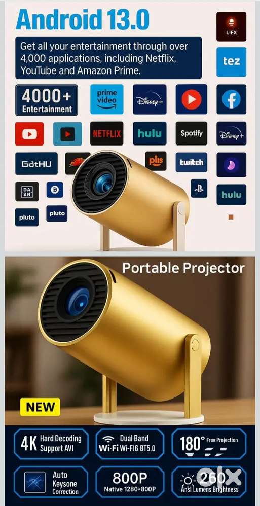 Maizic Smarthome Golden 2X Smart Projector, 13.0 Android Projector,
