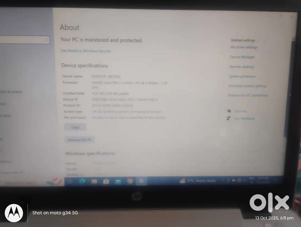 Hp i5 6th gen Intel core 8gb 256 SSD windows 10