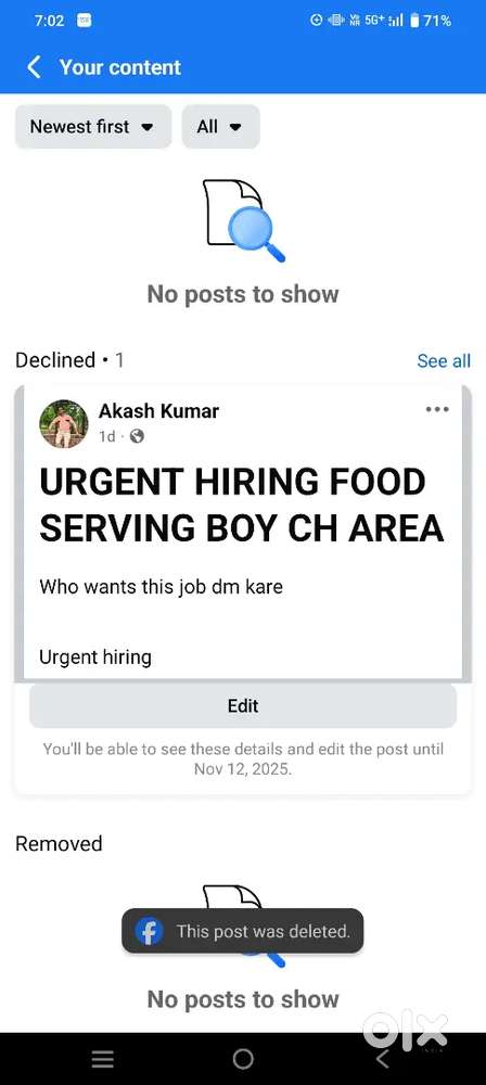 Urgent hiring food service boy (Waiter) in ch area