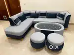 Sofa set with center table, 2 pouffes and 7 cushions