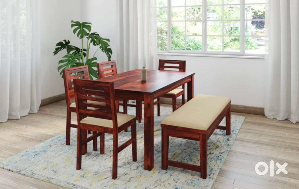 6 seater teakwood dining set with 4 chairs and 1 long bench cushioned