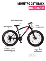 Monstro26T21SBlACK Steel 21 Speed Shimano Gear 26 inch Fat Bike