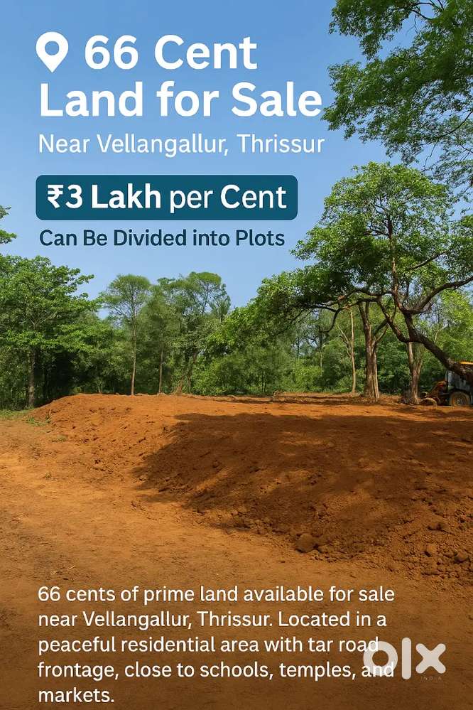 66 cent land for sale near Vellangallur, Thrissur -3 lakh per Cent