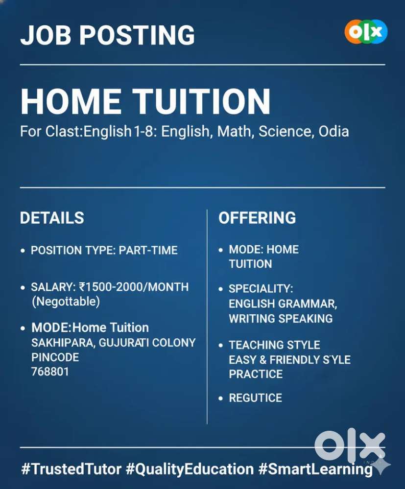 Home tuition for class 1-8 (English, Math, odia)