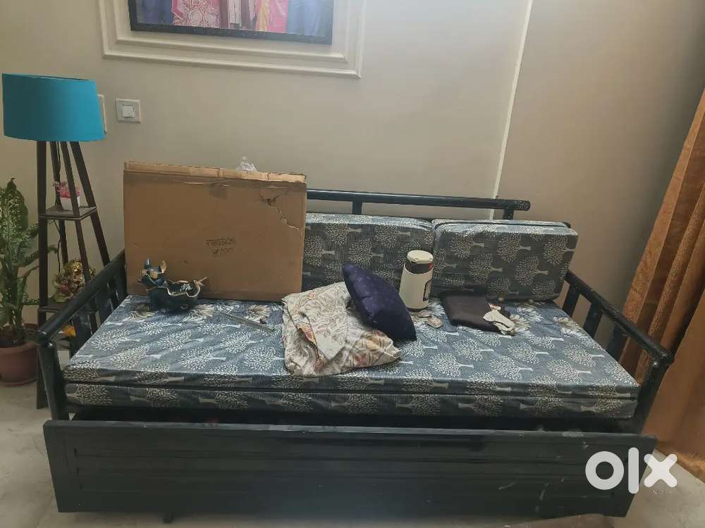 Metal sofa cum bed and centre table