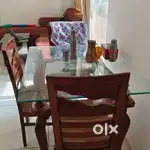 Glass top 4 seater sagwan dinning table with 3+1 Chair