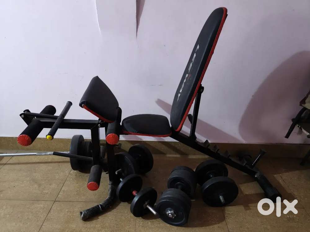 bench press, leg extension with Dumble & burble, rubber plate