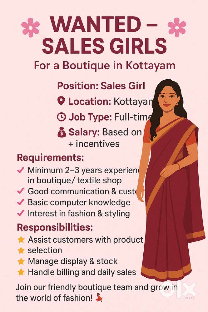 WANTED – SALES GIRLS  For a Boutique in Kottayam