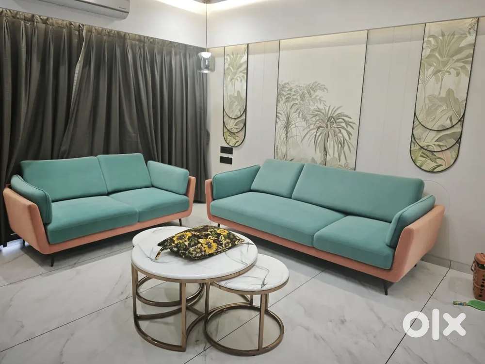 3+2 sofa with green and orange colour combination luxurious design
