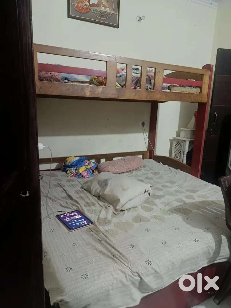 Double bed with attached stair kids bed