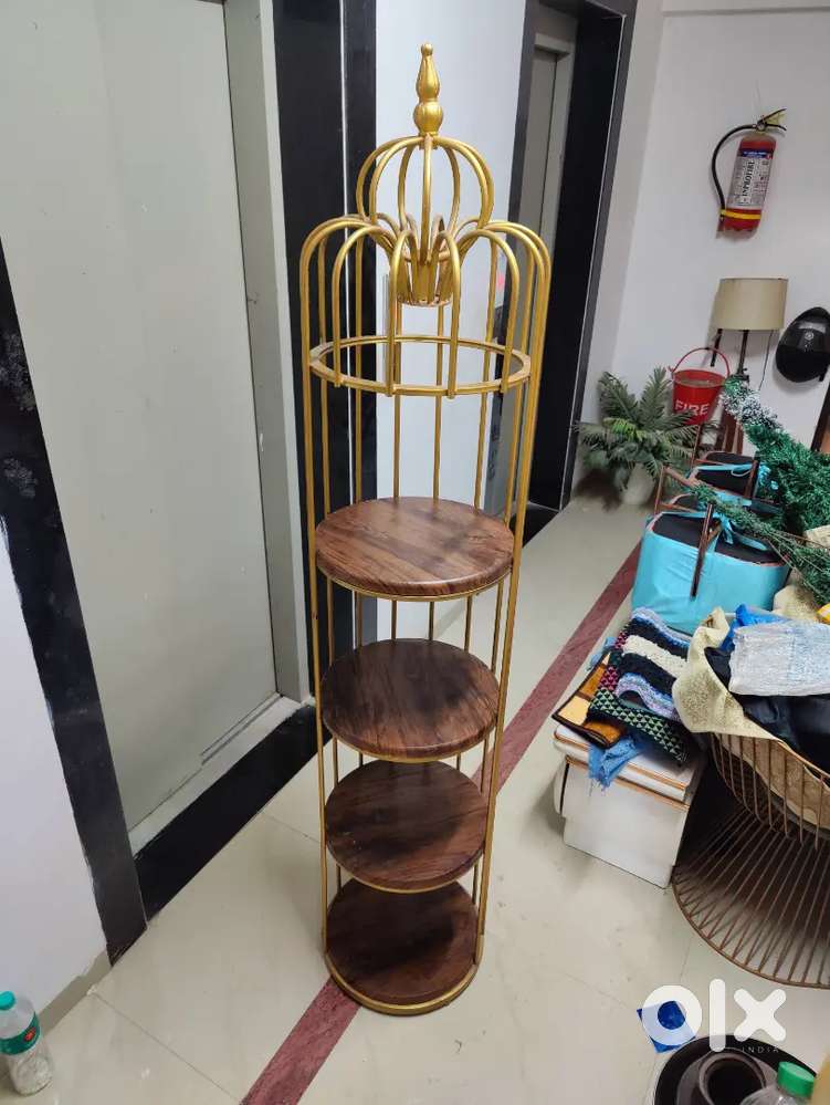 Elegant Gold Metal & Wood 4-Tier Corner Shelf  Royal Birdcage Design
