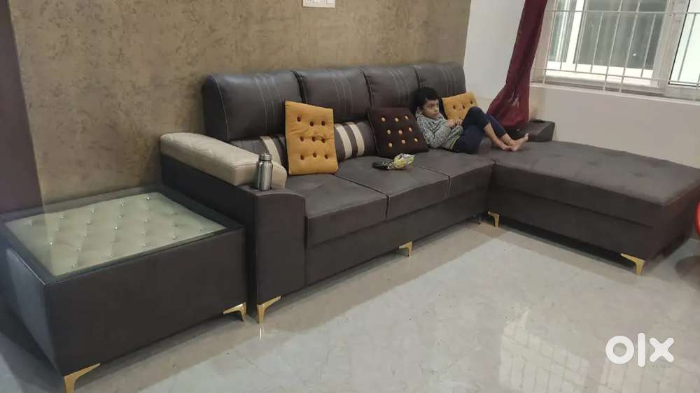 L Shape Sofa cum Glass Tepoy and 6*6.5 shesham wooden cot for sale