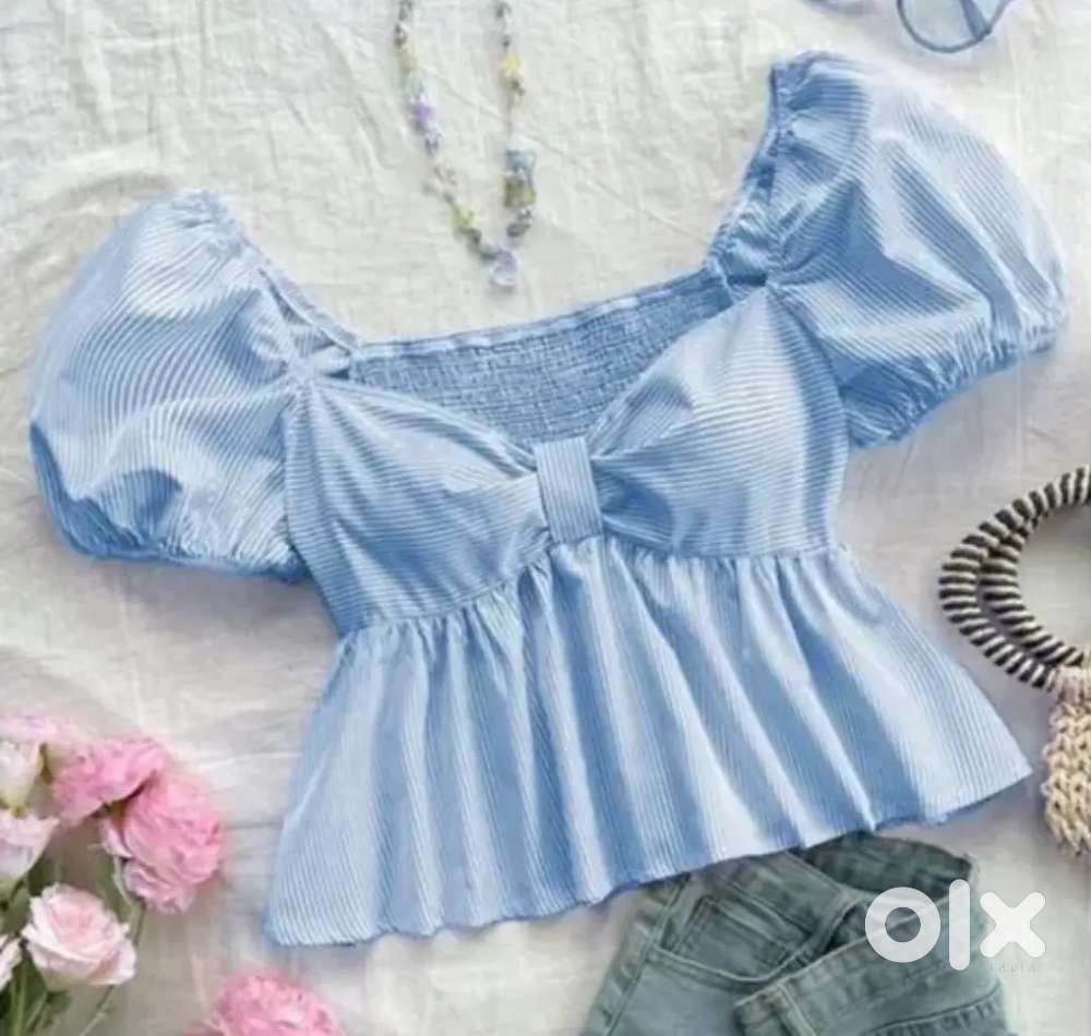Cotton strip puff sleeve shirt with bow tie peter pan crop top blue